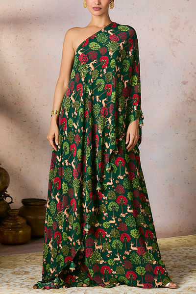 Green deer and tree printed one-shoulder dress