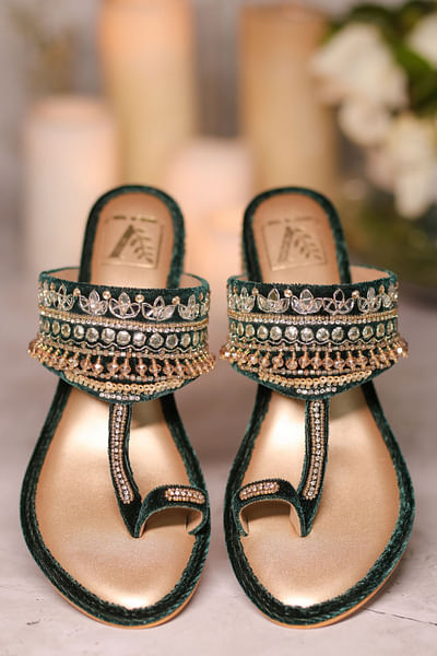 Green embellished kolhapuri block heels