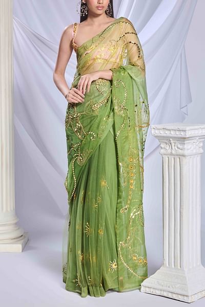 Green embellished sari set