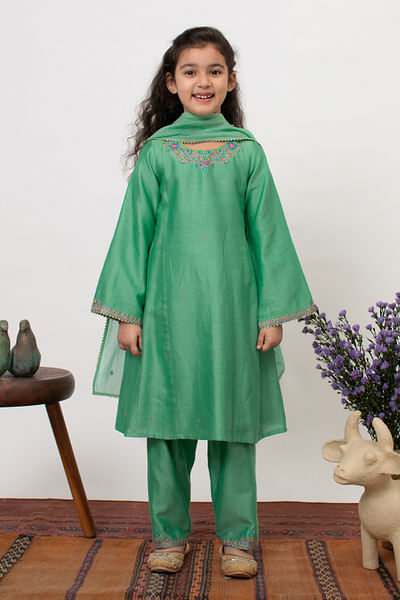 Green embroidered A-line kurta set
