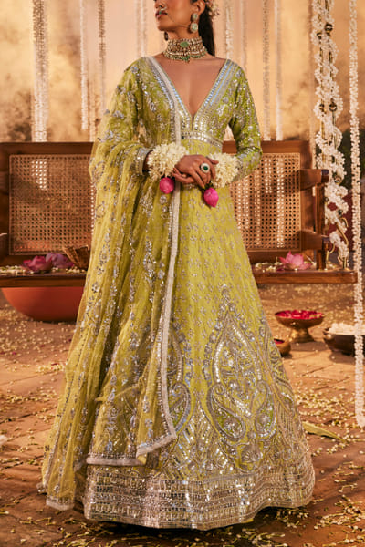 Green embroidered anarkali set