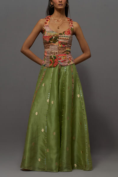 Green embroidered corset and skirt set