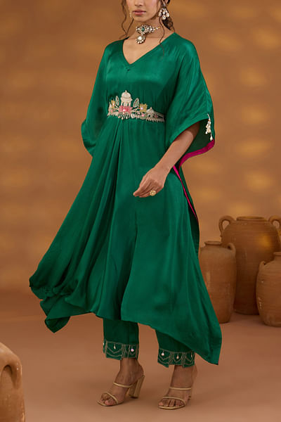 Green embroidered drape kurta set