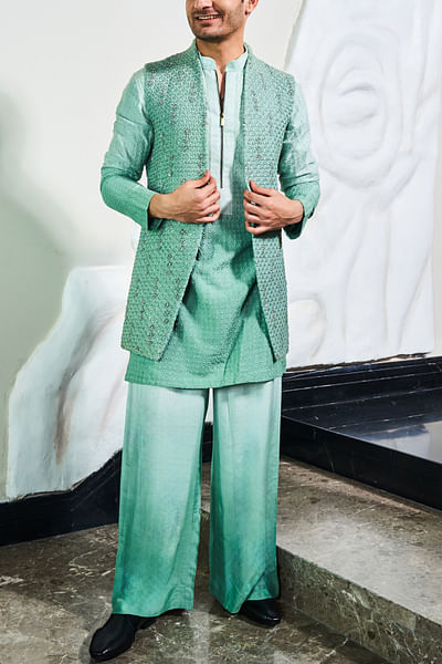 Green embroidered jacket and kurta set