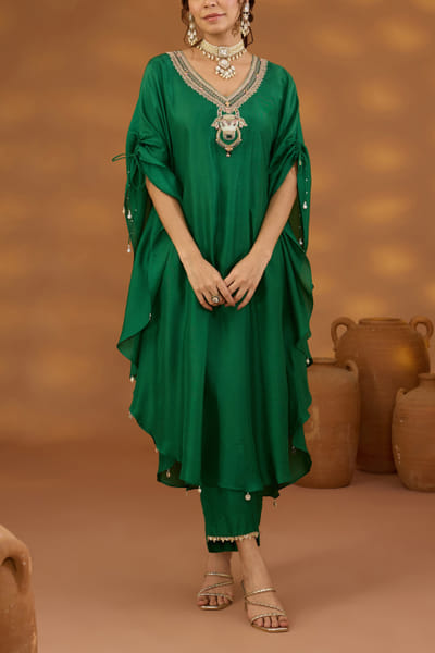 Green embroidered kaftan kurta set