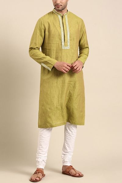 Green embroidered linen kurta set
