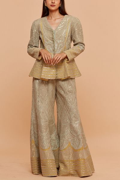 Green embroidered peplum jacket set