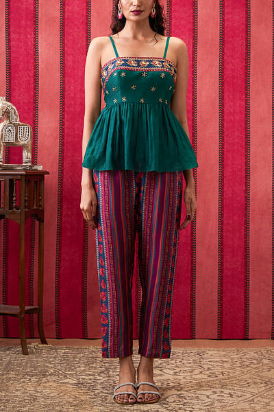 Green embroidered peplum set