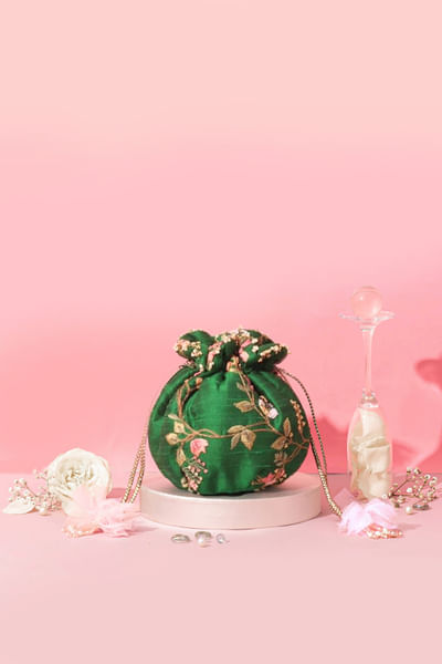 Green embroidered potli bag