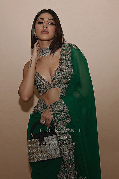 Green embroidered sari set