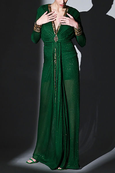 Green embroidered sequinned draped dress
