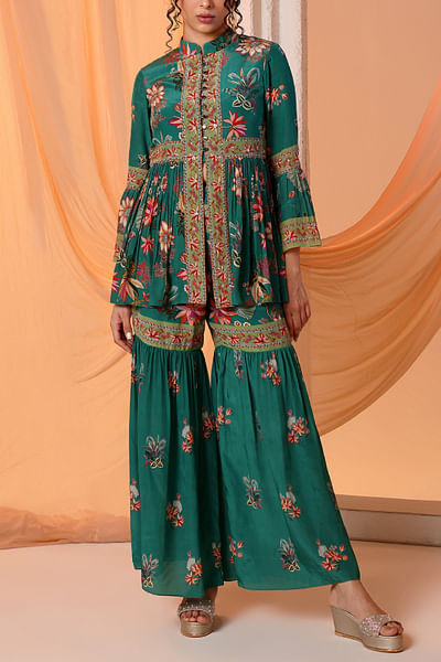 Green embroidered sharara set