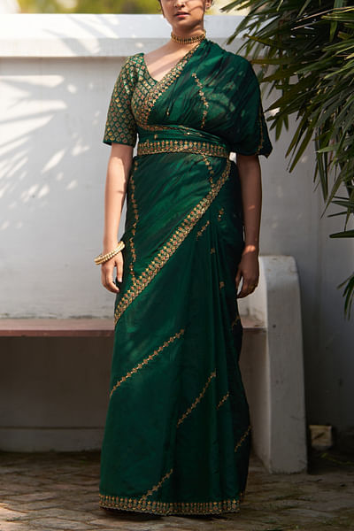 Green embroidered silk sari set