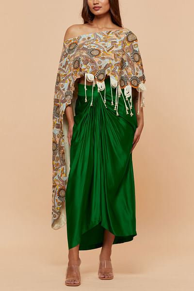 Green embroidered tassel cape and draped skirt