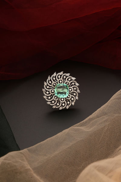 Green emerald and zirconia embellished ring