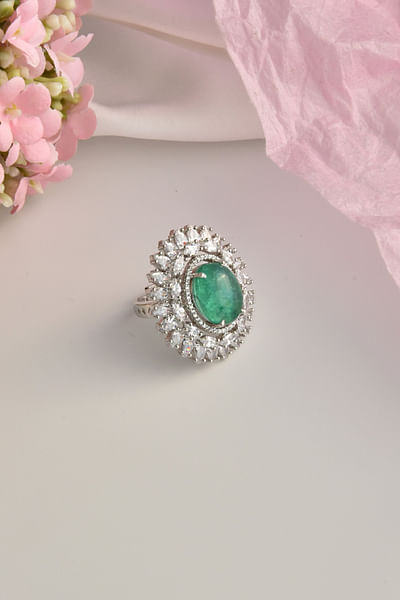 Green emerald and zirconia ring