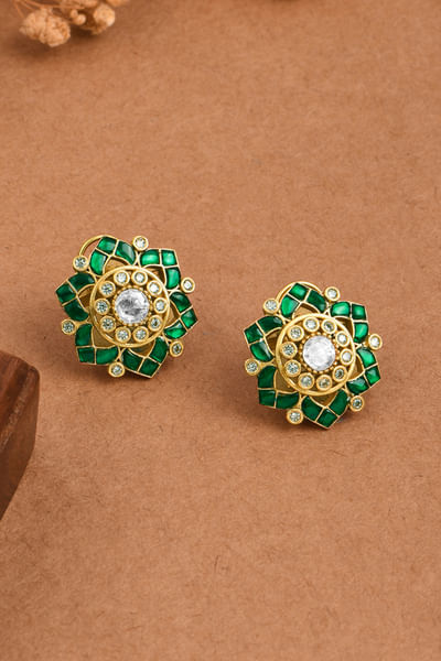 Green emerald polki star studs