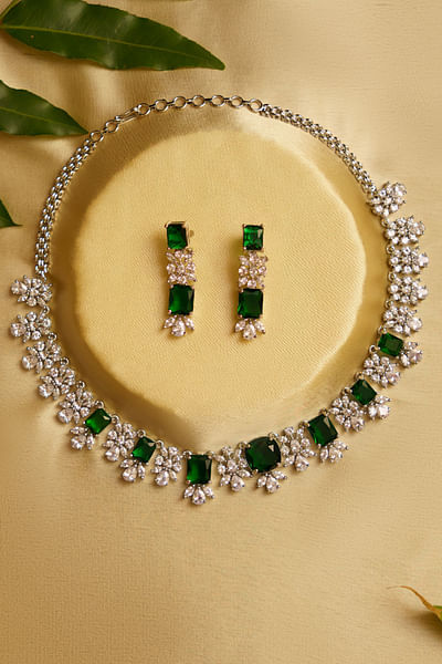 Green emerald stone and faux diamond necklace set