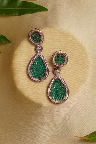 Green faux diamond and stone drop earrings