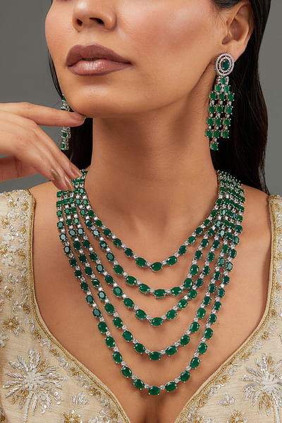 Green faux diamond layered long necklace set