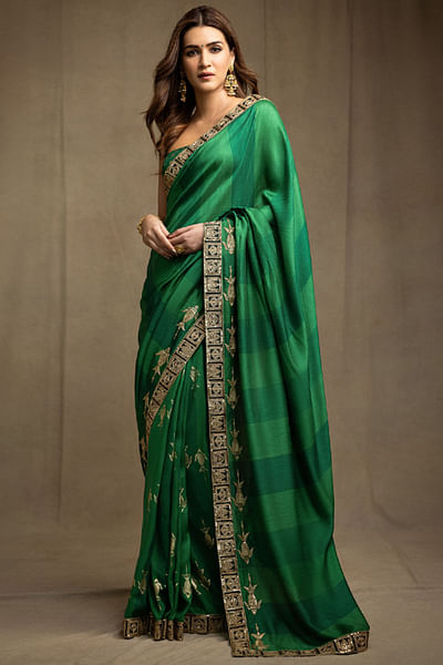 Green fish embroidered striped sari set