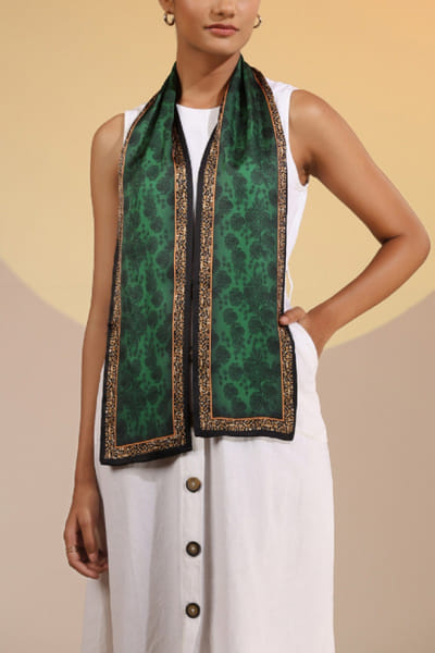 Green floral and cheetah print scarf