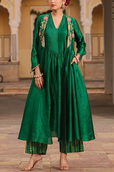 Green floral applique jacket kurta set