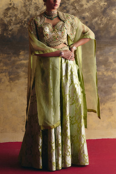 Green floral brocade divider skirt and cape set