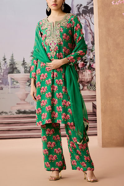 Green floral chintz printed kurta set