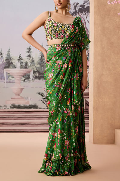 Green floral chintz printed sari set