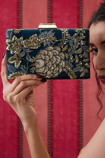 Green floral embroidered box clutch