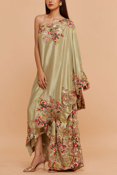 Green floral embroidered cape and draped skirt
