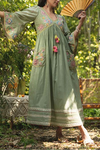 Green floral embroidered gathered dress