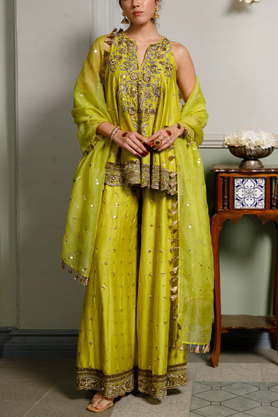 Green floral embroidered mukaish sharara set