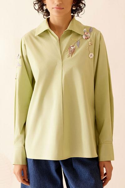 Green floral embroidered shirt