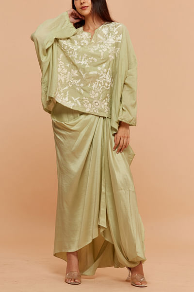 Green floral embroidered top and draped skirt