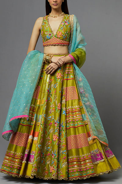 Green floral embroidery lehenga set