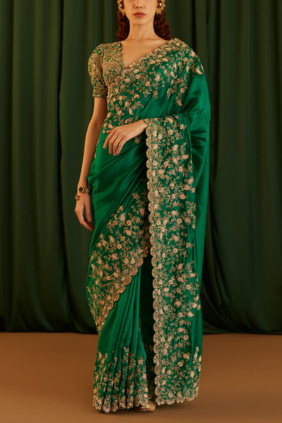 Green floral embroidery sari set