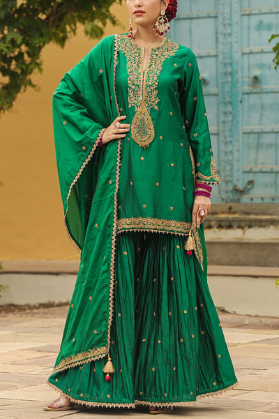 Green floral embroidery sharara set