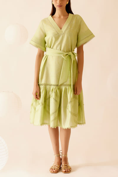 Green floral embroidery tiered dress