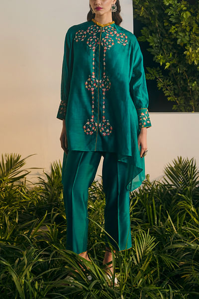 Green floral embroidery tunic set