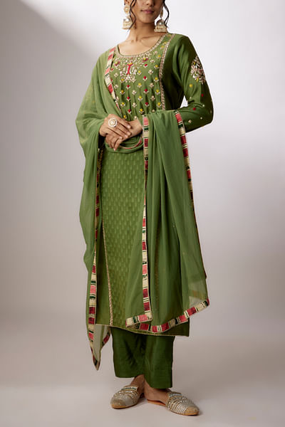 Green floral embroidery woven kurta set
