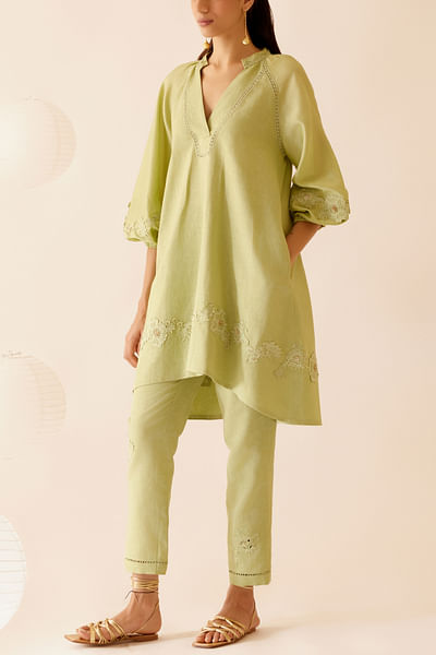 Green floral lace patchwork straight pants