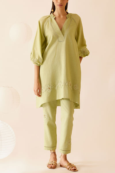 Green floral lace work tunic