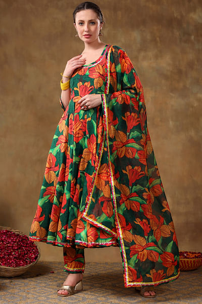 Green floral print anarkali set