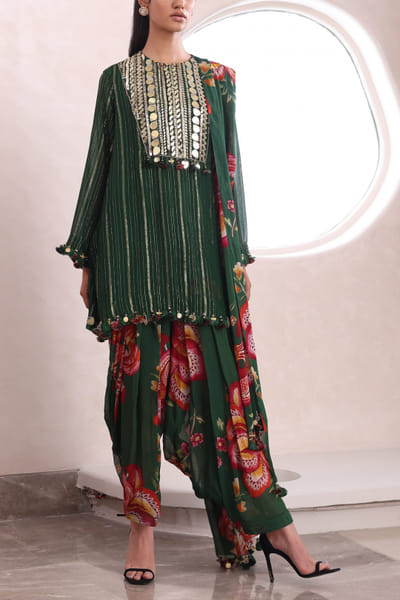 Green floral print and embroidered kurta set