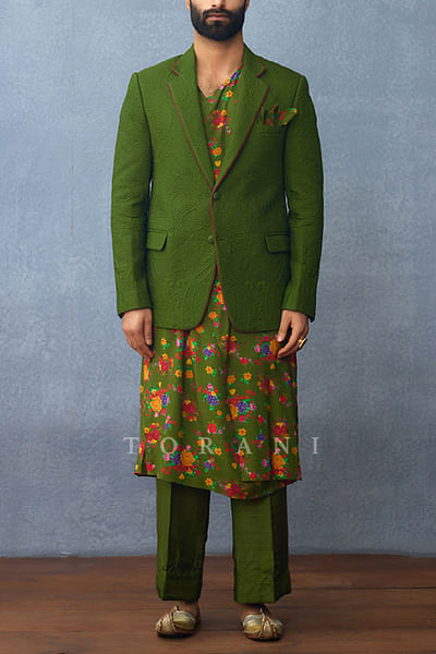 Green floral print angrakha kurta and jacket set