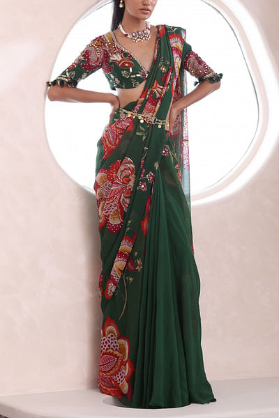 Green floral print pre-draped sari set