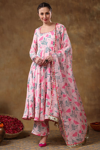 Green floral printed anarkali set