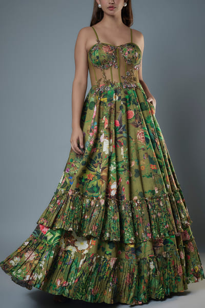 Green floral printed corset gown